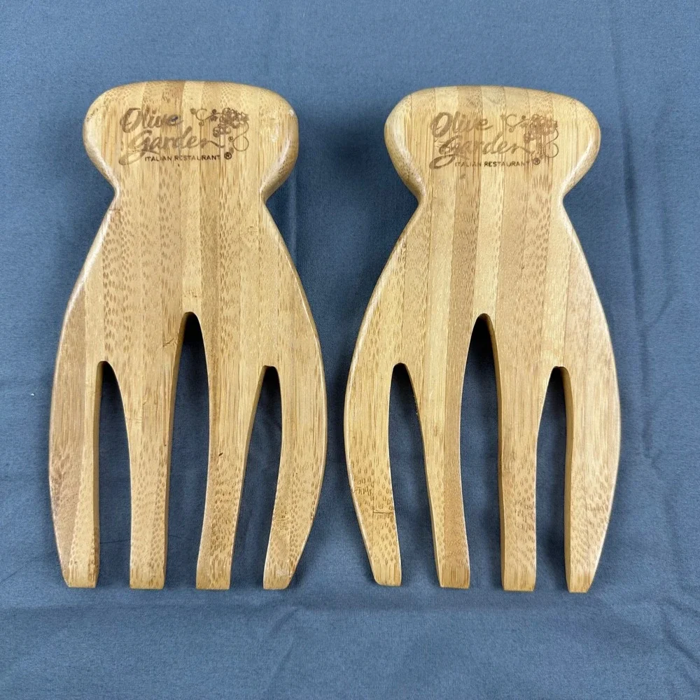 Olive Garden Salad Servers Tongs Set of 2 Natural Wood Kitchen Utensil